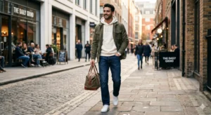 "A smiling man walking down a cobblestone city street wearing dark blue The Cargo Bear straight-fit jeans, a white hoodie, an olive green utility jacket, and white sneakers, while carrying a canvas duffel bag."