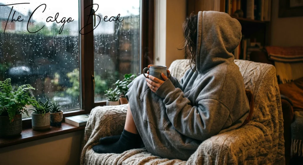 A profile view of a person wearing an oversized grey hooded sweatshirt and dark socks, sitting comfortably with legs tucked up in a textured armchair covered with a cable-knit blanket. They hold a blue-grey ceramic mug with both hands and look out a rain-streaked window onto a wet backyard. Potted houseplants and a book sit on the wooden windowsill. The indoor atmosphere is cozy, natural, and contemplative.