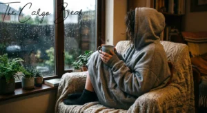 A profile view of a person wearing an oversized grey hooded sweatshirt and dark socks, sitting comfortably with legs tucked up in a textured armchair covered with a cable-knit blanket. They hold a blue-grey ceramic mug with both hands and look out a rain-streaked window onto a wet backyard. Potted houseplants and a book sit on the wooden windowsill. The indoor atmosphere is cozy, natural, and contemplative.