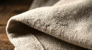 A detailed close-up photograph capturing the coarse, textured weave of natural oatmeal-beige linen or heavy cotton fabric. The material is softly folded on the left, showing a natural ripple.
