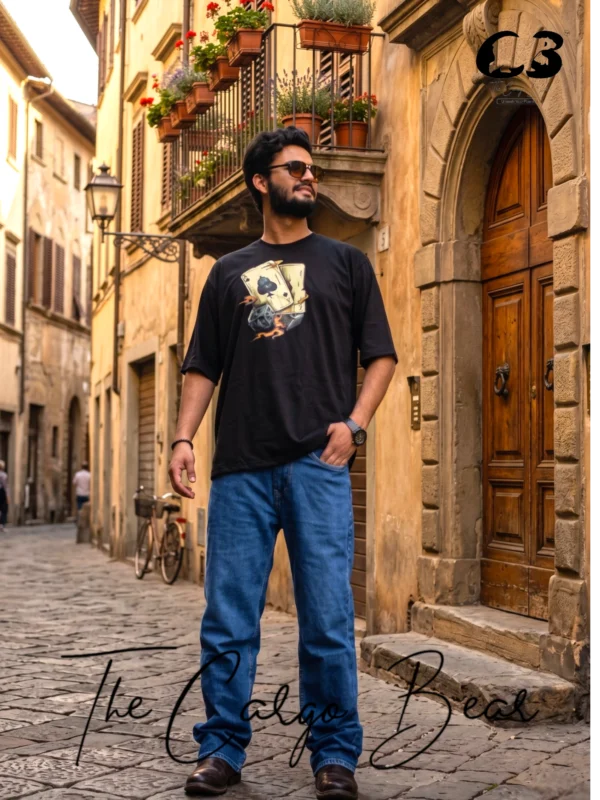 The Cargo Bear white 210 GSM cotton T-shirt with playing cards and dice graphic print, styled in urban streetwear look.