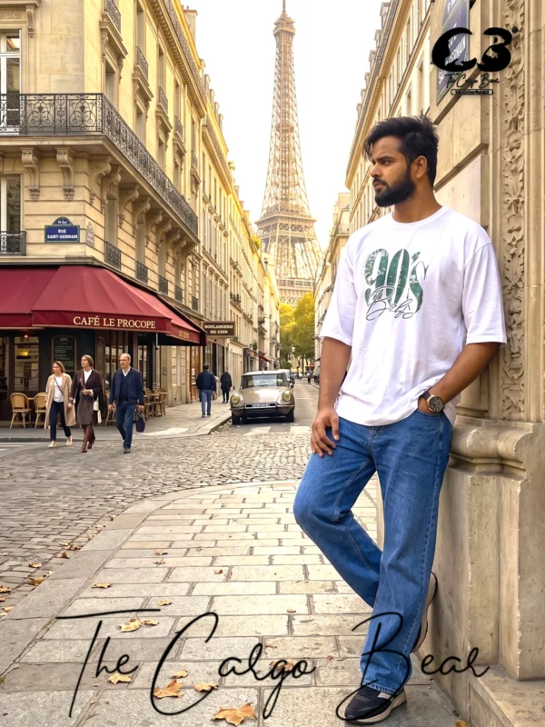 The Cargo Bear white 210 GSM cotton T-shirt with “90’s Babe” retro graphic print, styled in urban streetwear look