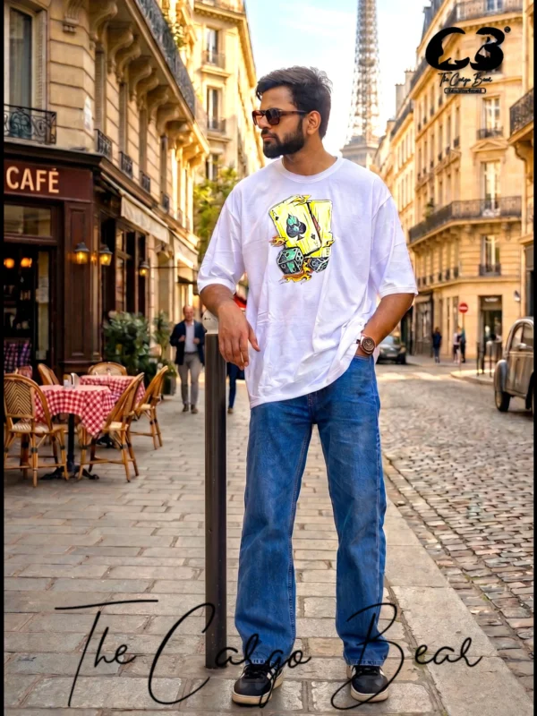 The Cargo Bear white 210 GSM cotton T-shirt with playing cards and dice graphic print, styled in urban streetwear look
