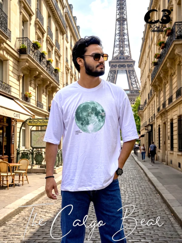 The Cargo Bear white oversized T-shirt with moon graphic, premium cotton streetwear outfit