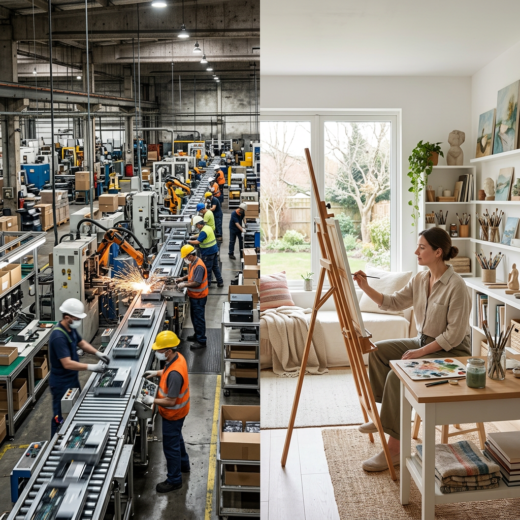 Workers in a factory assembling electronics and a woman painting at an easel in a cozy home studio