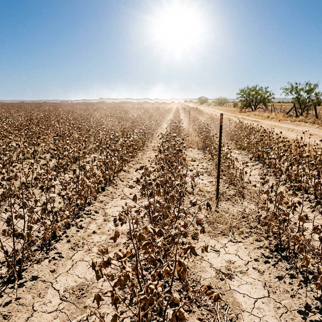 Dry, cracked soil with wilted plants in a sunlit field