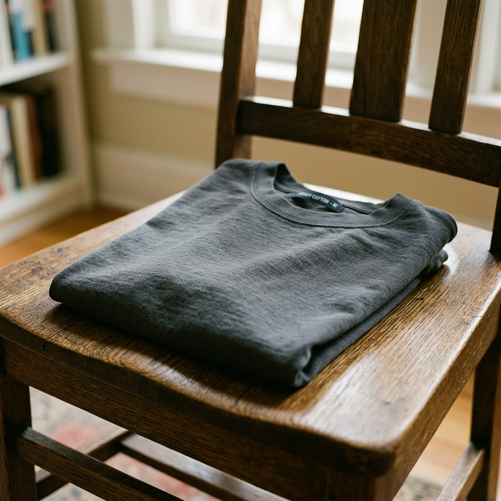 Folded gray cotton T-shirt on wooden chair seat