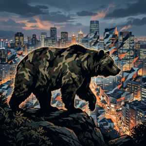 Bear with camouflage pattern standing on rocky ledge overlooking city at dusk