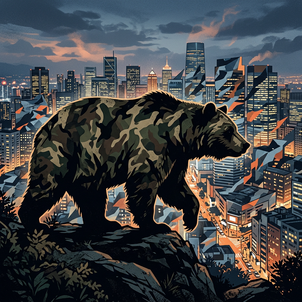Bear with camouflage pattern standing on rocky ledge overlooking city at dusk